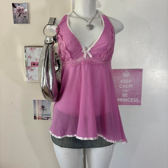 Sheer Pink Lace Babydoll Halter Top - Picture 7 of 7